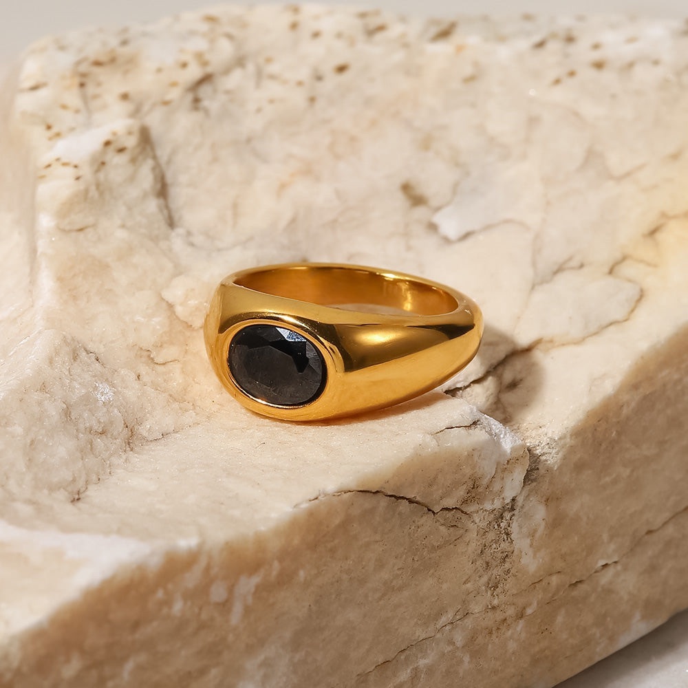 18K Gold Plated Signet Ring*Black Cubic Zirconia Zircon Crystal*JD
